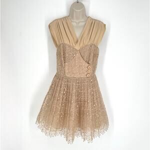 Frock by Tracy Reese Dress Sz 6 Tan Sleeveless Silk Blend Crinoline Floral Sheer